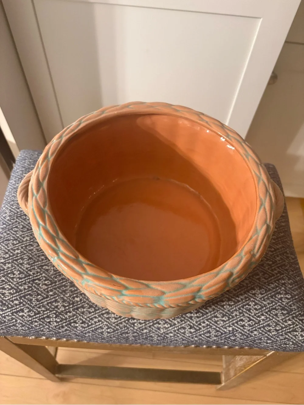 Peach & Aqua Glazed Baking Dish with Basketweave Design